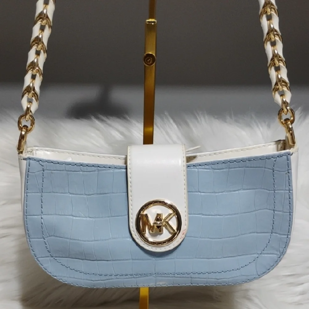 Michael Kors Croc-Embossed Blue & White Shoulder Bag - Picture 2 of 16